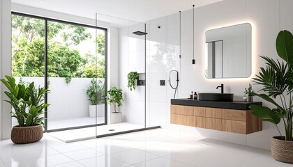 Minimalist Bathroom Design, White Tiles, Glass Shower Enclosure, Floating Vanity, Bla