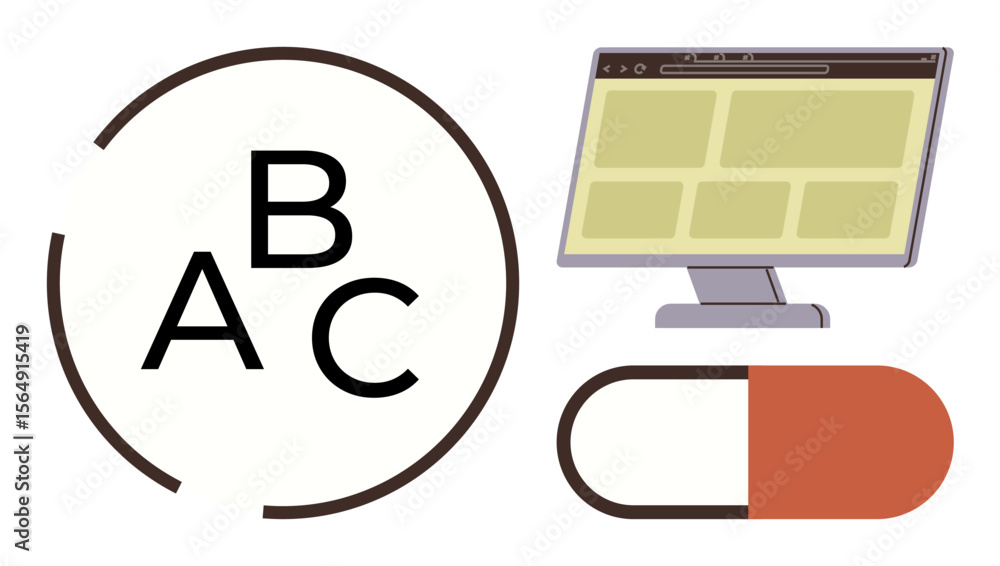 Poster abc letters in a circular chart, computer monitor with web page, and a capsule pill shape. ideal for