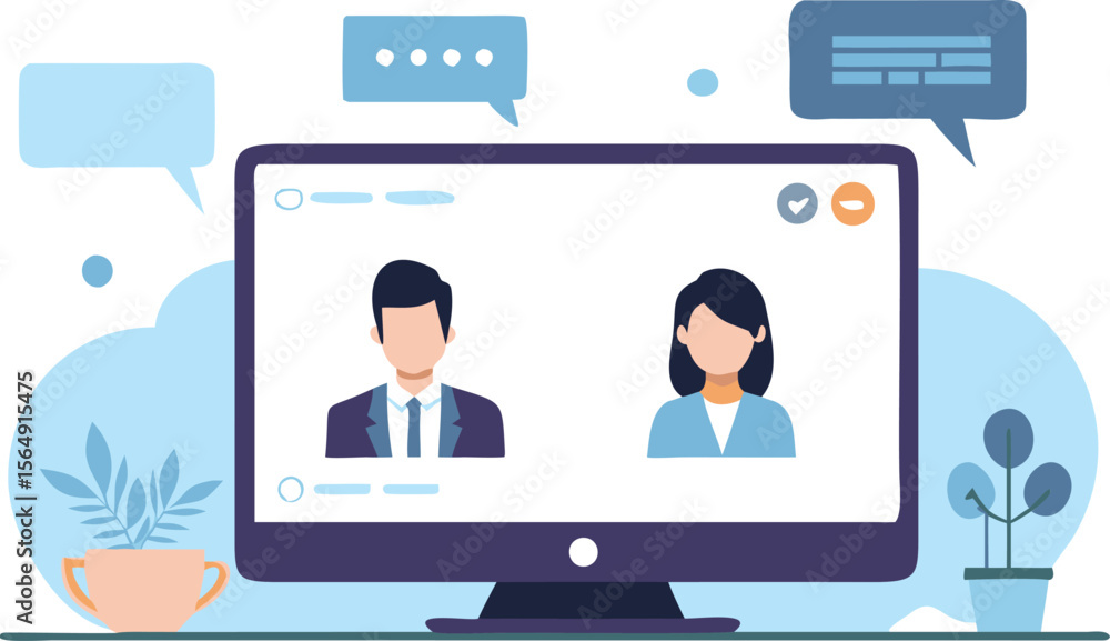 Poster illustration of a video call on a computer screen with two people and speech bubbles above them