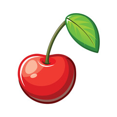 Vibrant red cherry with a green leaf and stem