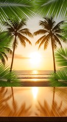 product display with background of palm trees on the beach at sunset
