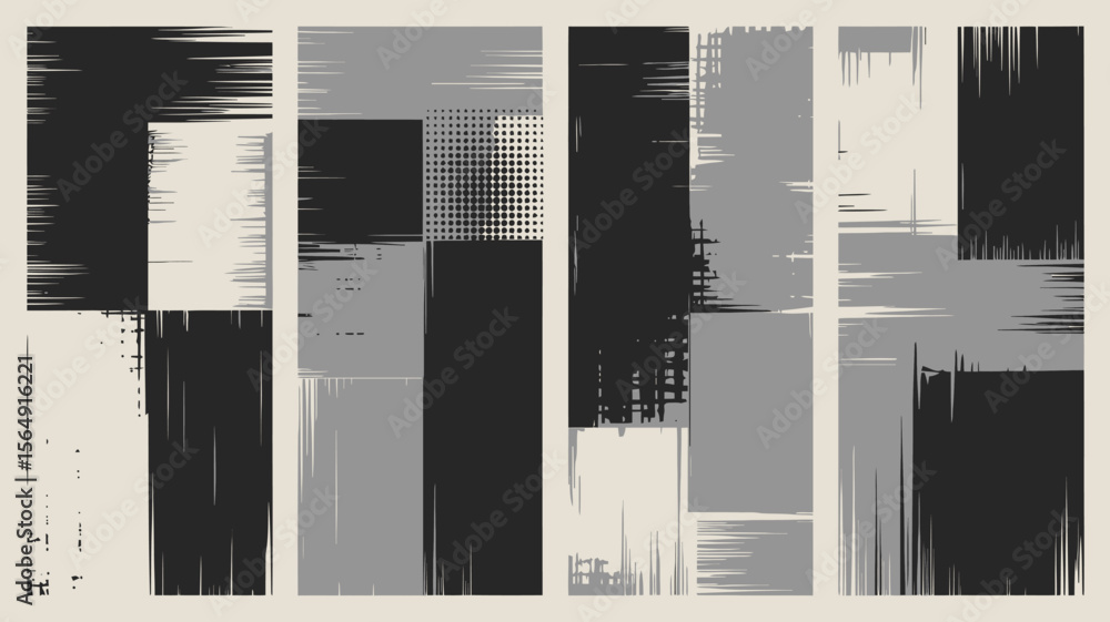 Poster abstract panels with geometric shapes and textured brush strokes in monochrome palette design style