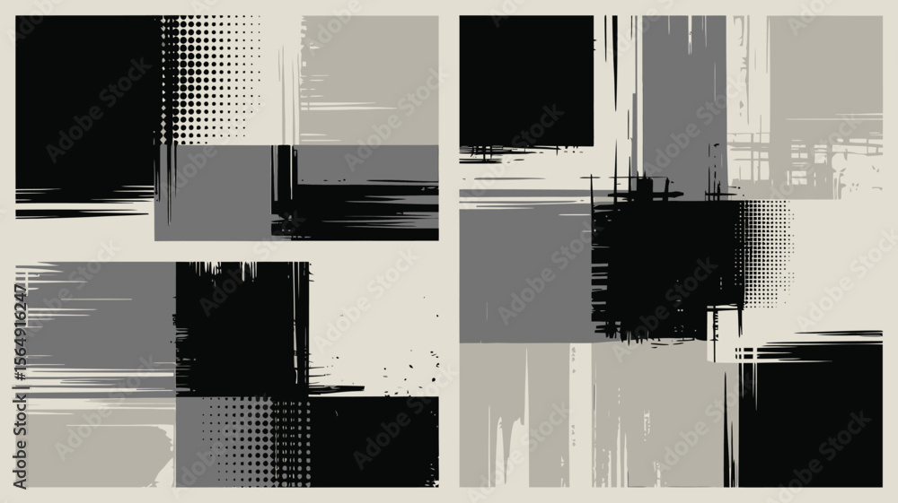 Poster abstract geometric design with black gray and white squares and halftone patterns in a modern style