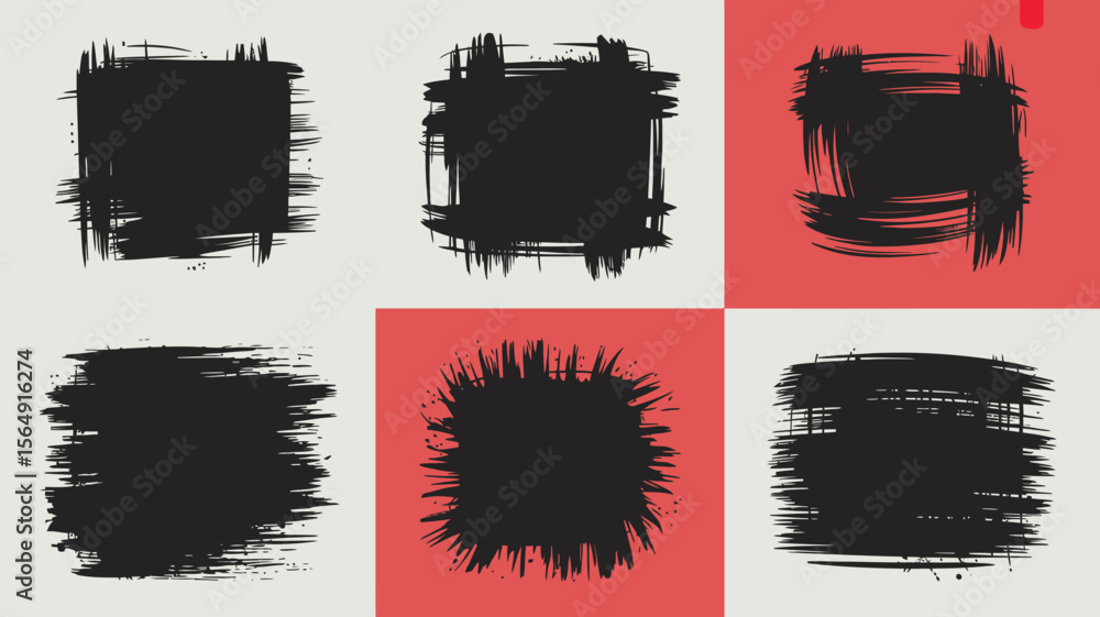 Poster a grid of six black brush stroke squares on alternating red and beige backgrounds in a simple design