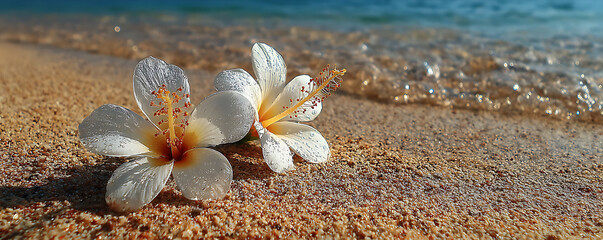 Serene Beach Flowers White Blossoms on Golden Sand