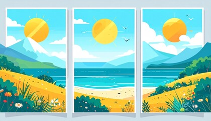 Summer Nature Landscape Poster, Cover, Card Set With Sea View, Sunny Beach, Mountains