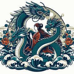 illusration of a woman surrounded by dragons