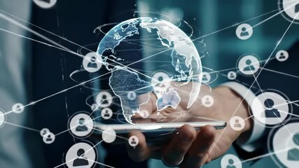 Business hand holding smartphone with animated digital globe and global network connections - Powered by Adobe