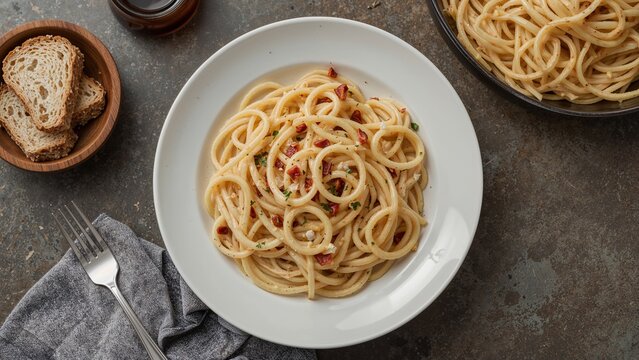 Rich pici pasta with creamy bacon carbonara sauce