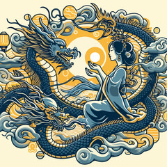 Obraz premium illusration of a woman surrounded by dragons