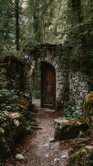 Obraz premium Enchanted Forest Path Mysterious Wooden Door in Stone Archway