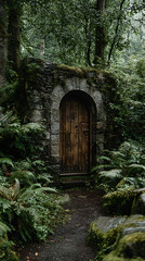 Naklejka premium Enchanted Forest Door Mysterious Wooden Gate in Lush Greenery