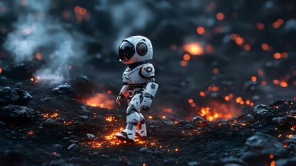 Small robot standing near meteor impact crater surrounded by charred earth and glowing embers, post-impact scene - Powered by Adobe