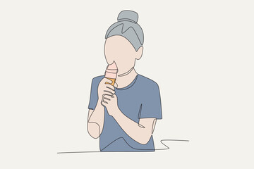 Colored girl eating ice cream. Kids eating snacks concept one-line drawing