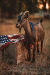 A brown goat stands beside a wooden crate draped with an American flag. The scene captures a festive atmosphere for Independence Day celebrations.