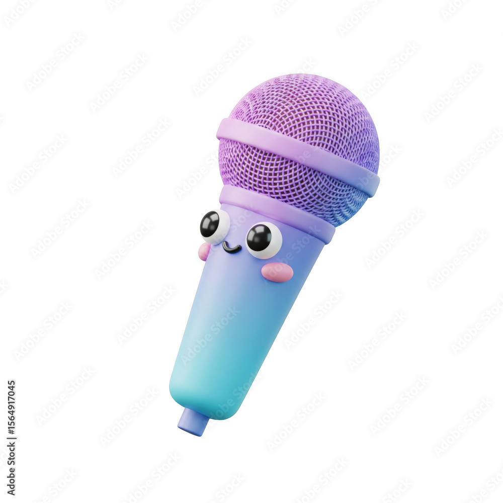 Poster charming microphone character with playful expression on a solid background