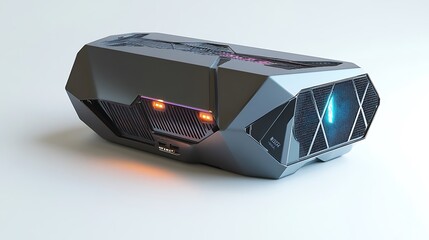A futuristic device with vents and lights on a white surface in studio shot