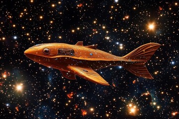 Futuristic spaceship shaped like a fish gliding through a star-filled cosmos