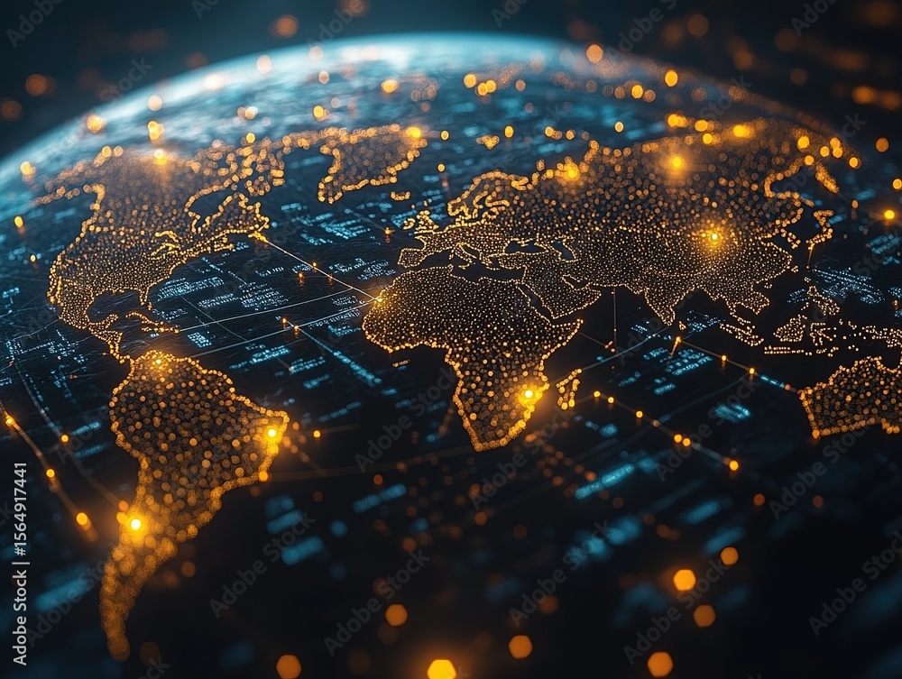 Poster illuminated digital earth network node connections: global data interconnection, ai tech innovation,