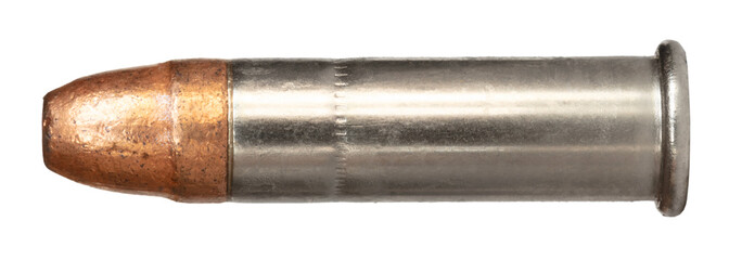 Copper plated bullet on a .22 rimfire cartridge
