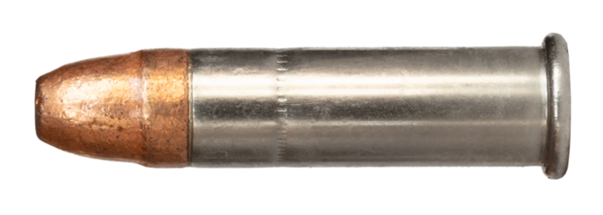 Copper plated bullet on a .22 rimfire cartridge