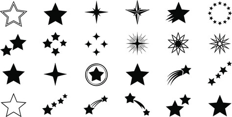 Star Vector Illustration:, star silhouette vector illustration featuring a diverse collection of stars and star like shapes,showcases solid, 