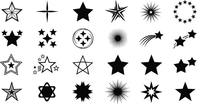 Star Vector Illustration:, star silhouette vector illustration featuring a diverse collection of stars and star like shapes,showcases solid, 