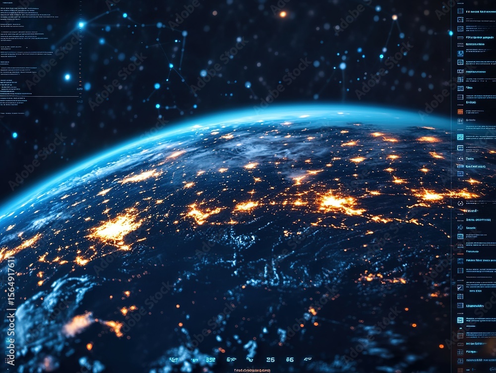 Poster illuminated digital earth network node connections: global data interconnection, ai tech innovation,