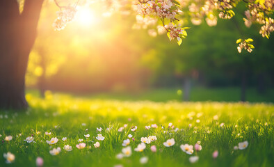 Obraz premium Beautiful spring background with blurred green grass, trees, and flowers on a sunny day. Spring meadow landscape with a copy space area for design. Beautiful nature scene in the park. Banner format.