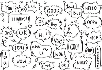 Comic Speech Bubble Doodle Pack &ndash; OK, YES, HI, LOL, What, Good Bye, Funny Dialog Cloud Icons