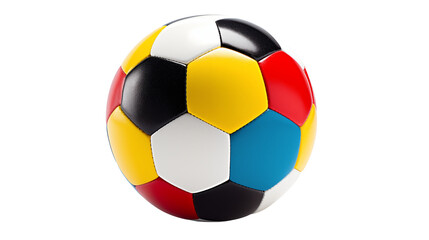 Vibrant soccer ball showcases panels of black, white, red, yellow, and blueisolated on transparent background, rendering a playful sports theme.