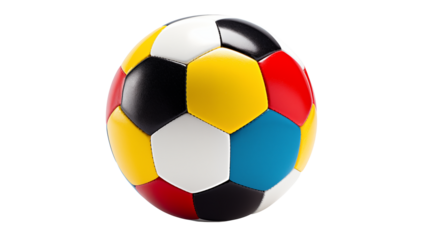 Vibrant soccer ball showcases panels of black, white, red, yellow, and blueisolated on transparent background, rendering a playful sports theme.