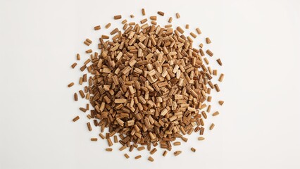 Natural wood chips piled on white background
