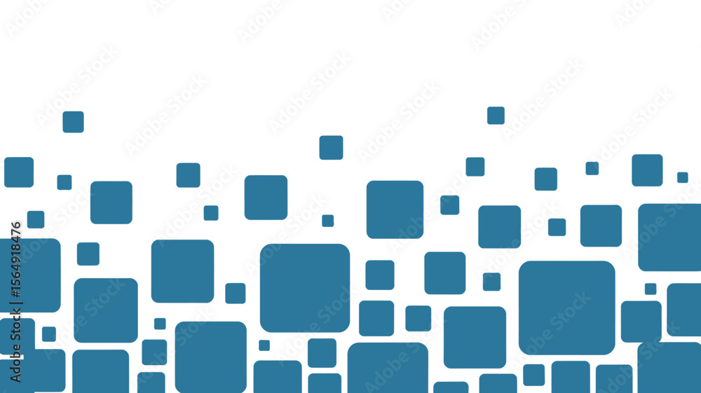 Poster a scattered array of blue squares with rounded corners on a white background creating a modern patte