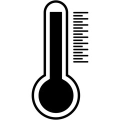 Glass thermometer, classic black color flat style bulb thermometer graphic with temperature indicator column on isolated background.