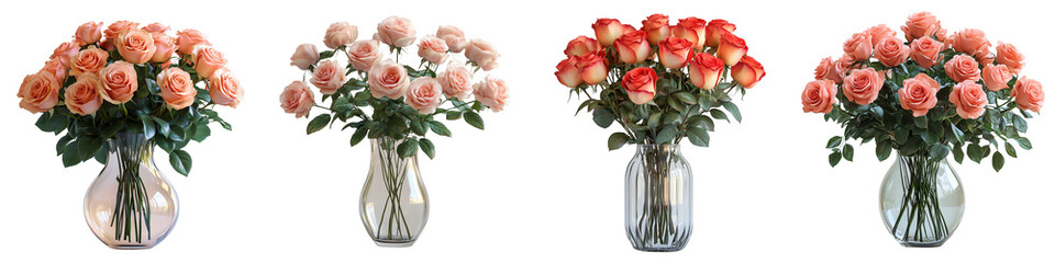 Glass vase with romantic rose bouquet on transparent background