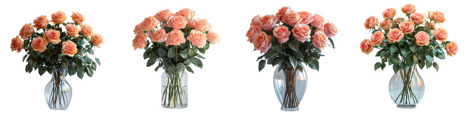 Glass vase with romantic rose bouquet on transparent background