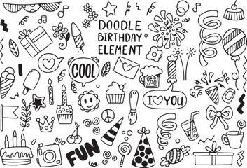 Birthday Doodle Vector Set – Cake, Balloons, Gifts, Stars, Flags, Celebration Icon Collection