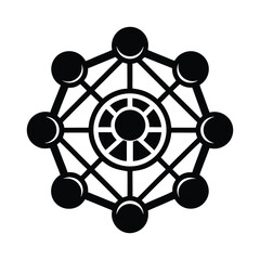 Network Connection Icon: Abstract circular network icon representing connection, communication, and technology. The design features a central hub with eight nodes radiating outwards.