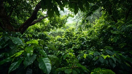 Fototapeta premium Lush Green Forest: The forest showcases an array of lush, vibrant green vegetation, capturing the essence of a thriving ecosystem.