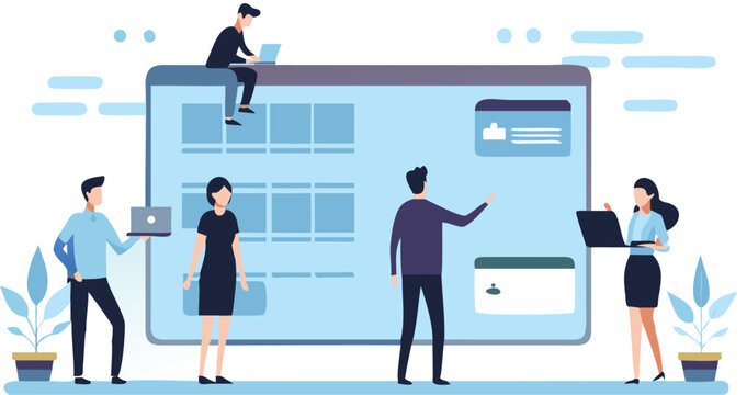 People interacting with a large interface screen with various elements and design components shown on it