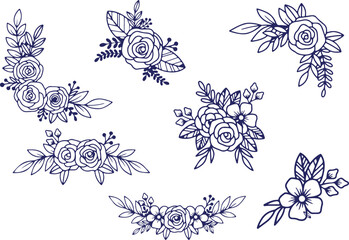 Vintage Floral Line Drawing Vector Set – Hand Drawn Rose Flowers, Elegant Botanical Bloom Design