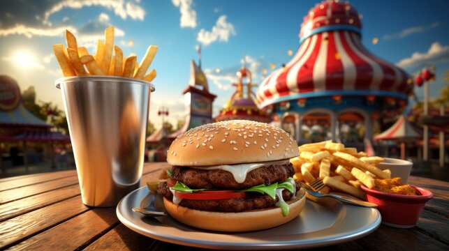 Delicious fast food hamburger, french fries and soda on background of theme park with attractions, Generative Ai