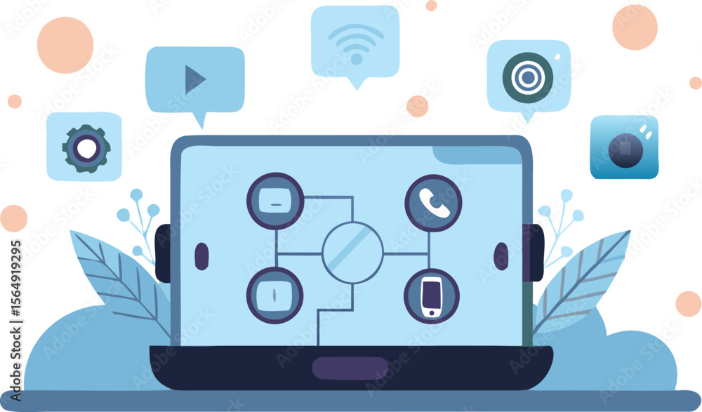 Poster illustration of a laptop with connected icons representing various functions and settings around it