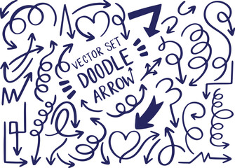 Arrow Doodle Collection with Curved Lines, Hand Drawn, Sketch Style, Vector Elements, Scribble Set, Cartoon, Direction Symbols, Transparent Background