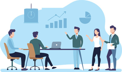 Illustration of a business meeting with graphs and charts in a modern office environment setting shown