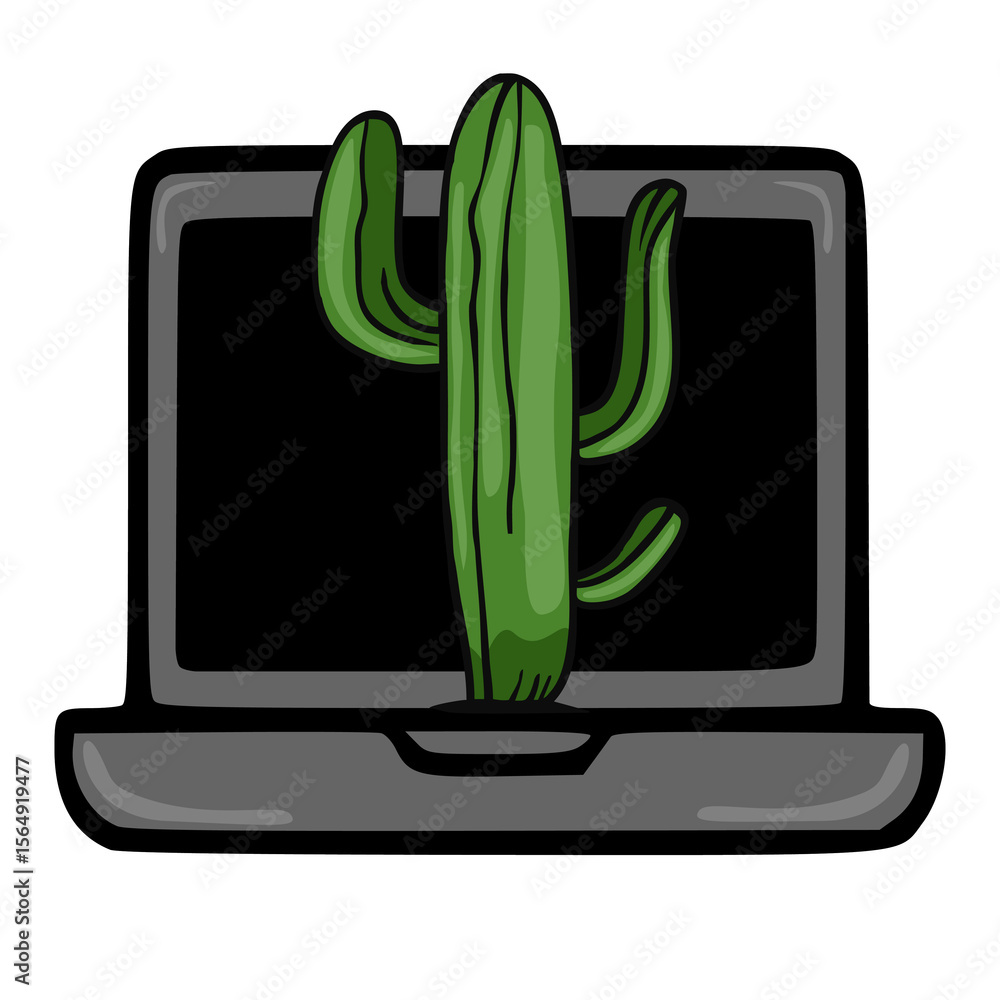 Fototapete A whimsical vector illustration of a saguaro cactus playfully emerging from a closed laptop screen, creating a unique blend of nature and technology.