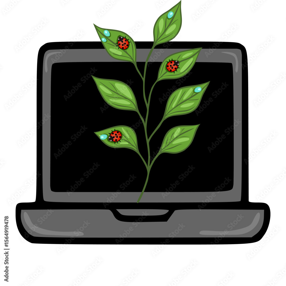 Poster vector illustration of a laptop screen displaying a stylized green branch with ladybugs and dew drop