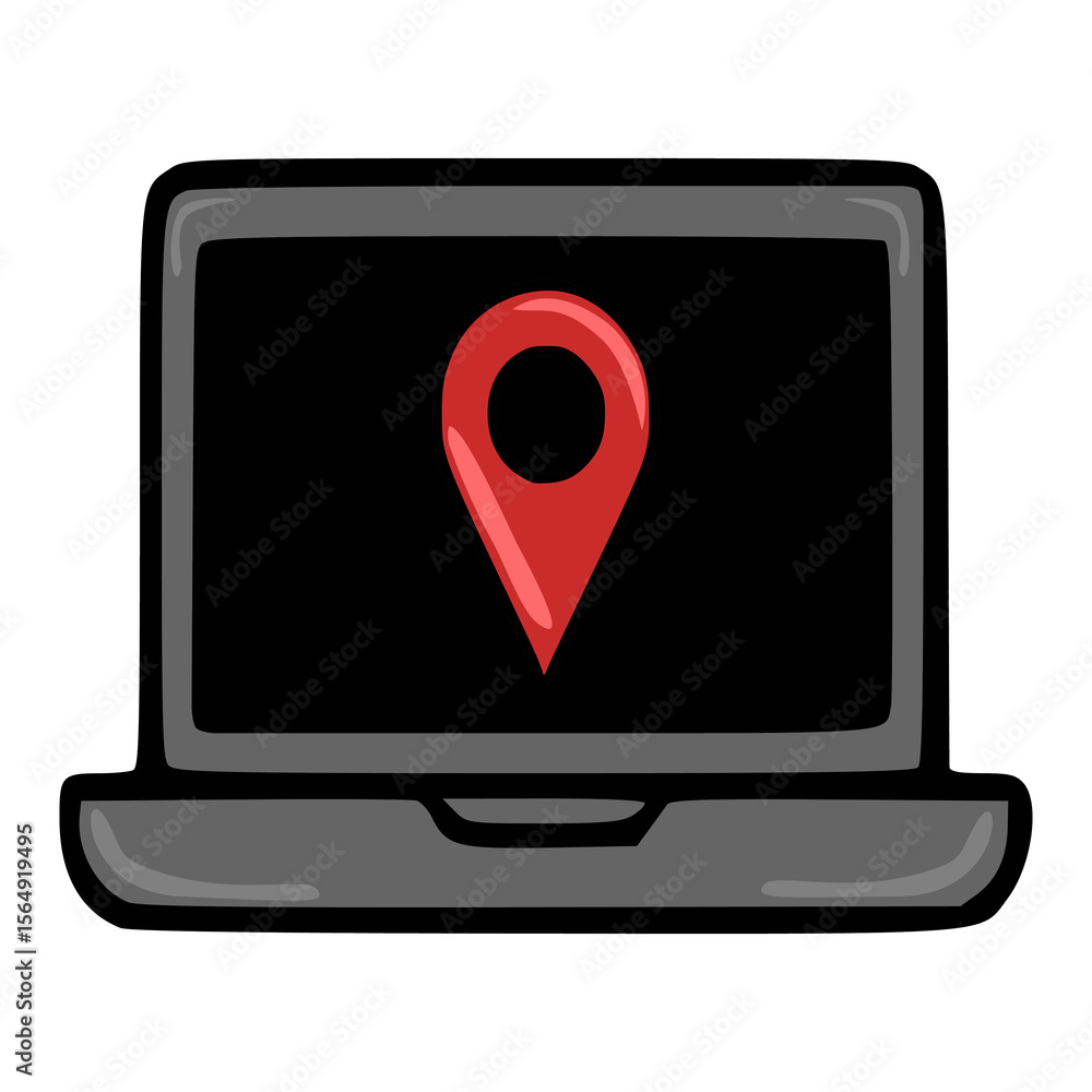 Poster a playful vector illustration of a laptop screen displaying a prominent red location pin, suggesting