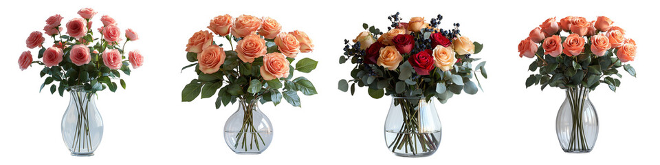 Glass vase with romantic rose bouquet on transparent background